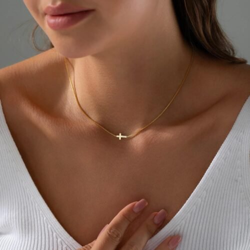 Devotion Sideways Cross 18K Gold Box Chain Necklace