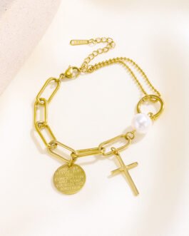 Divine Link Pearl & Cross Charm Bracelet