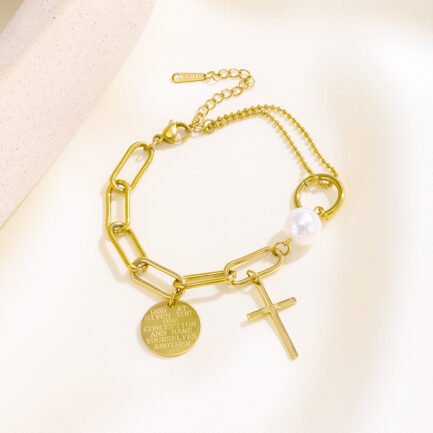 Divine Link Pearl & Cross Charm Bracelet - Image 2