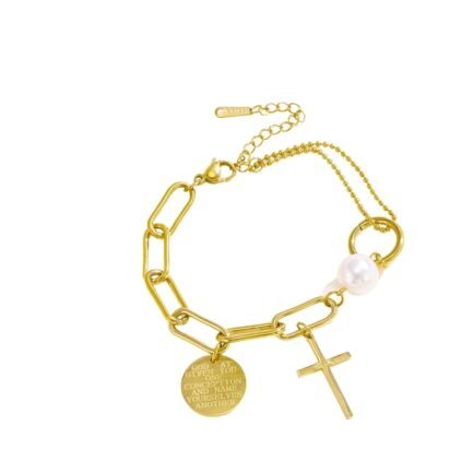 Divine Link Pearl & Cross Charm Bracelet