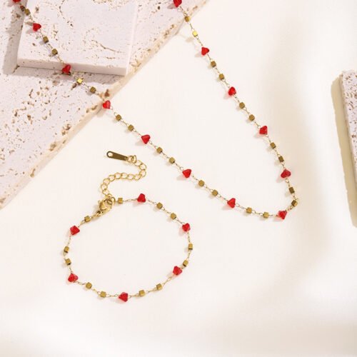 Heartbeat Red Crystal & Gold Block Chain Jewelry Set