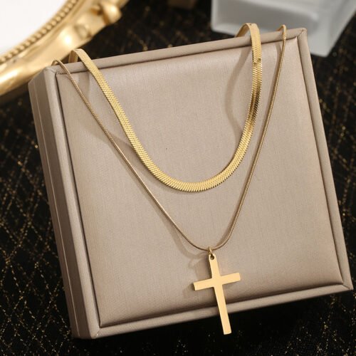 Serpentine Herringbone Cross Layered Necklace