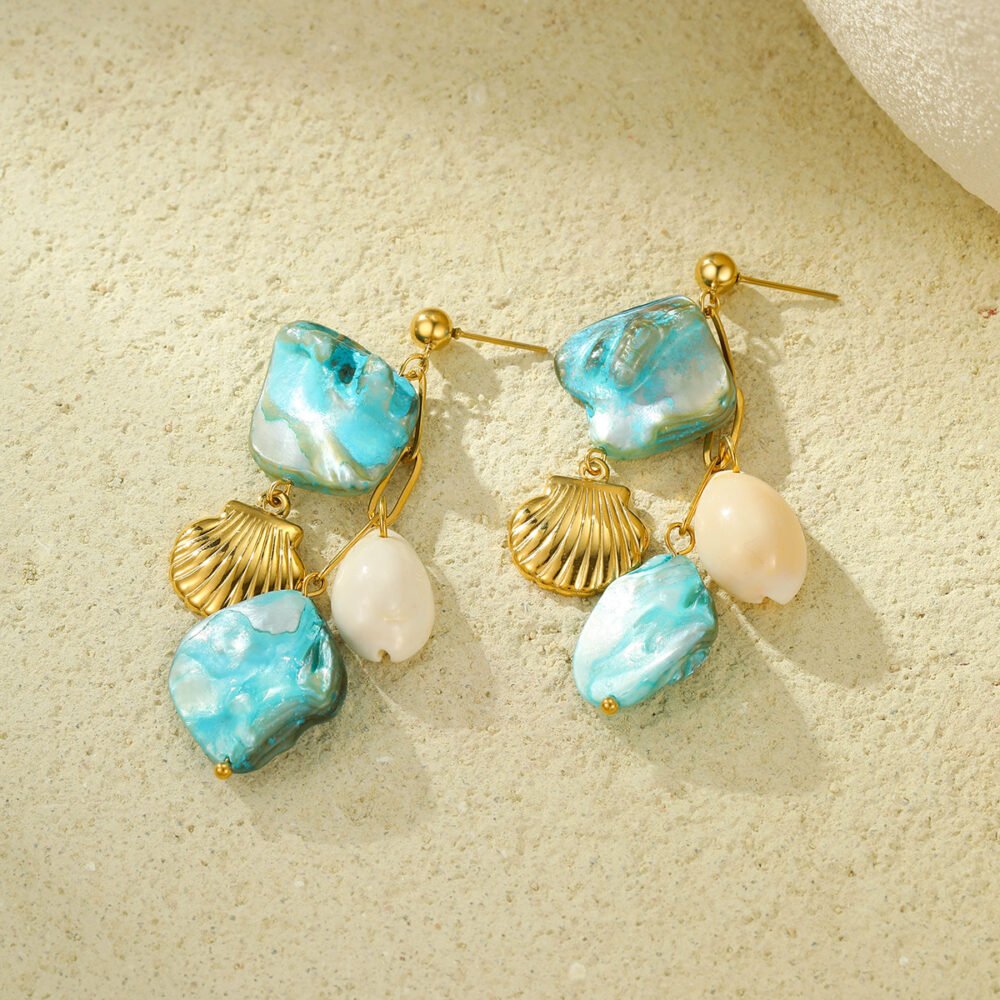 Tidal Wave 18K Gold Plated Titanium Shell Drop Earrings - Image 3