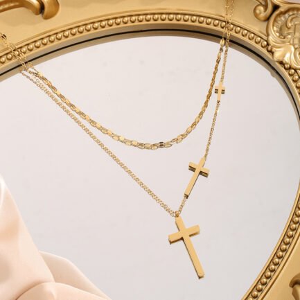 Trinity Cross Layered Necklace - 18K Gold Plated Titanium - Image 4