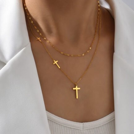 Trinity Cross Layered Necklace - 18K Gold Plated Titanium - Image 2