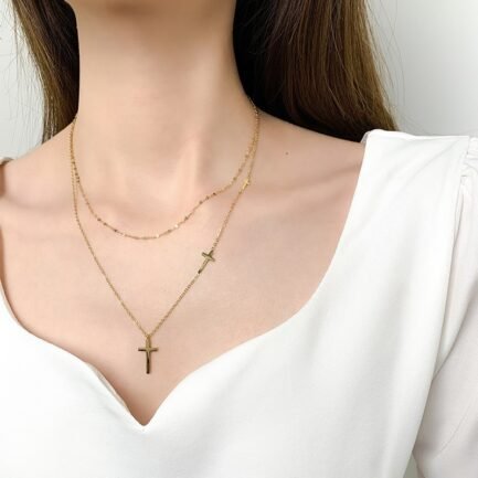 Trinity Cross Layered Necklace - 18K Gold Plated Titanium - Image 3