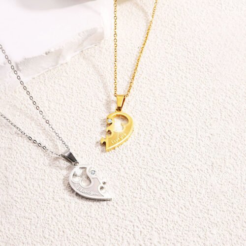 Crystal Puzzle Heart Couple Necklace Set