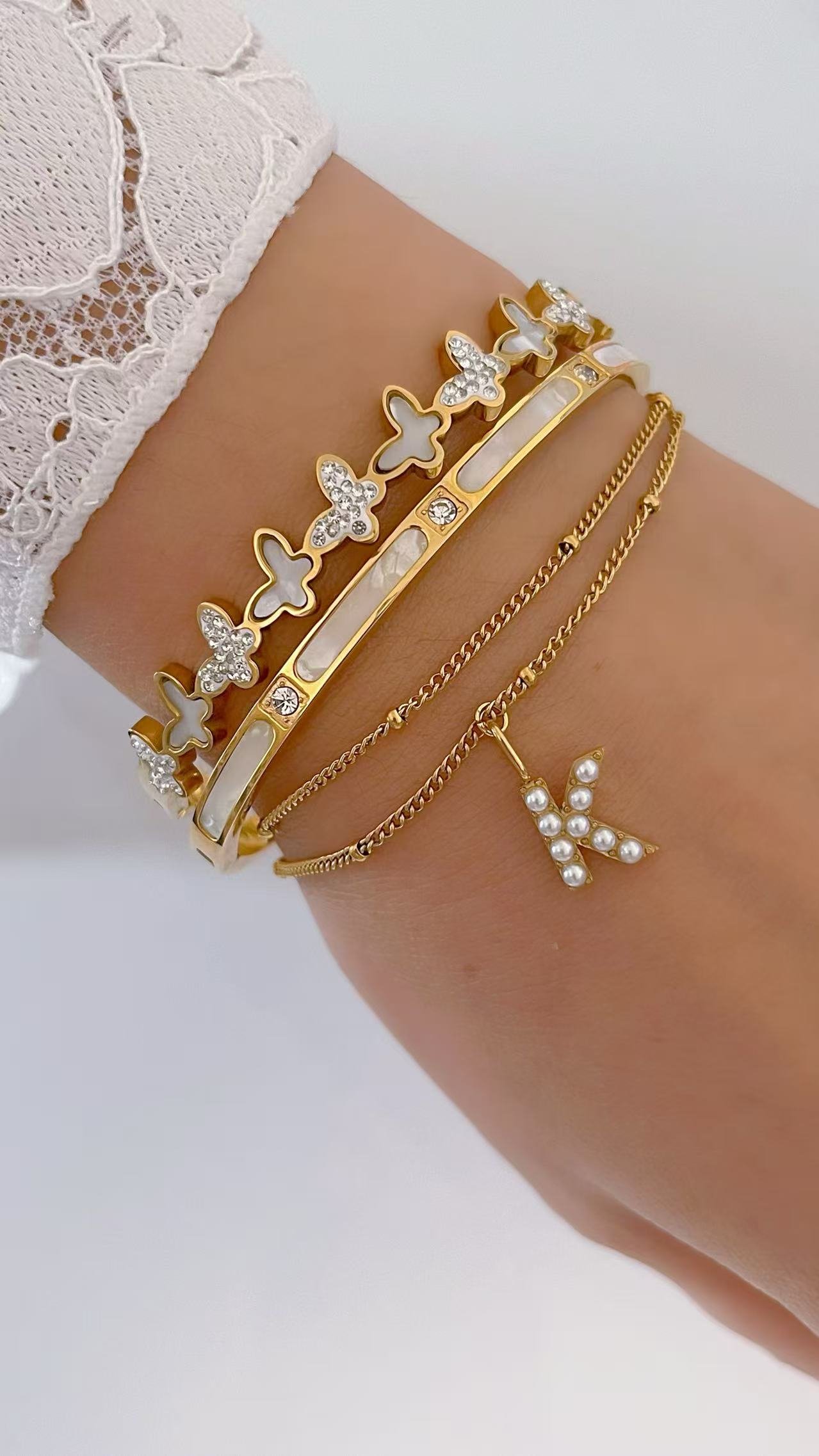 Pearl Initial Duo 18K Plated Titanium Double Chain Bracelet - Image 2