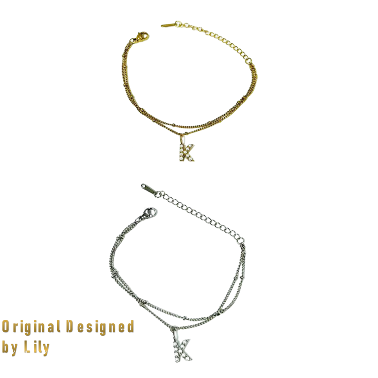 Pearl Initial Duo 18K Plated Titanium Double Chain Bracelet
