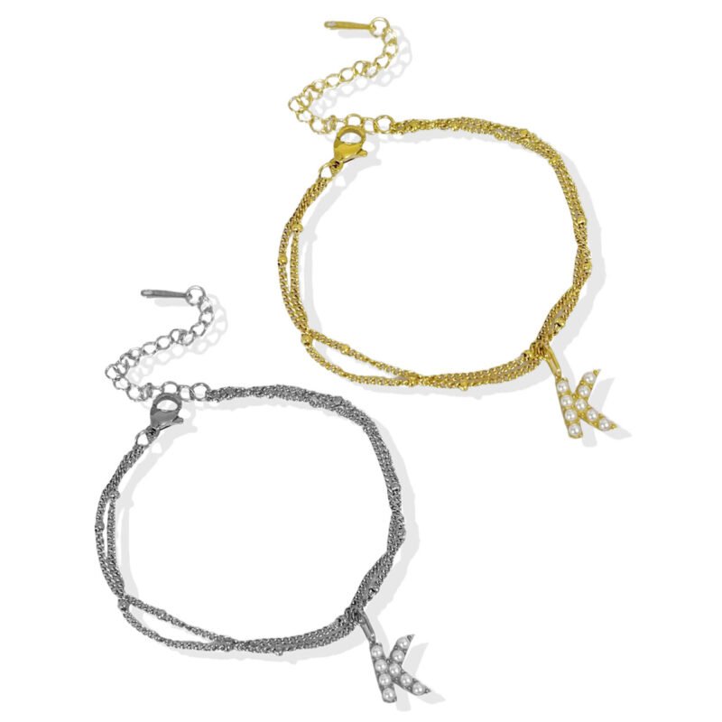 Pearl Initial Duo 18K Plated Titanium Double Chain Bracelet