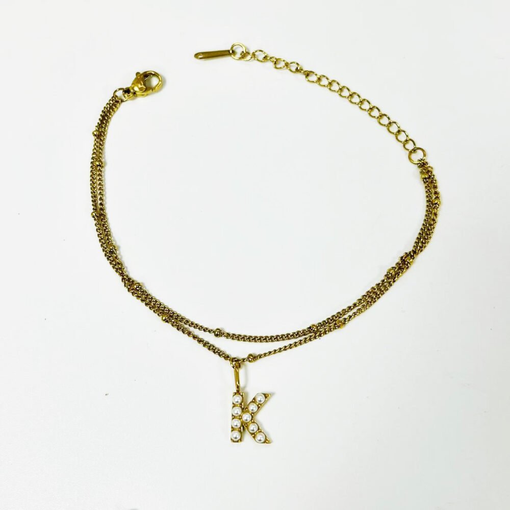 Pearl Initial Duo 18K Plated Titanium Double Chain Bracelet - Image 3