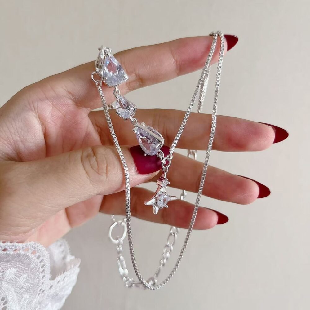 Layered Star Teardrop Necklace Silver Plated Crystal - Image 7