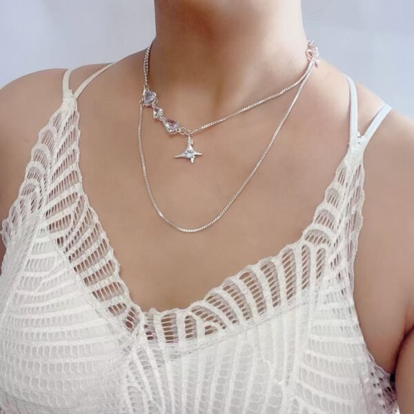 Layered Star Teardrop Necklace Silver Plated Crystal