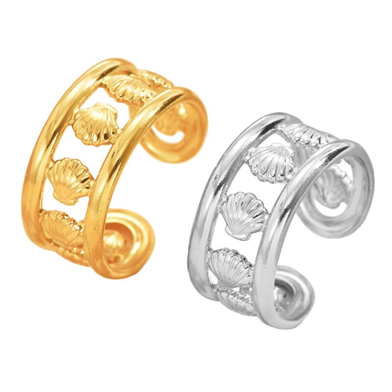 18K Gold Plated Wide Band Open Ring Seashell Cuff Ring
