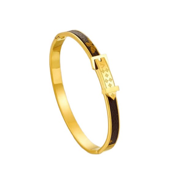 Gold Belt Buckle Bangle with Leather Inlay