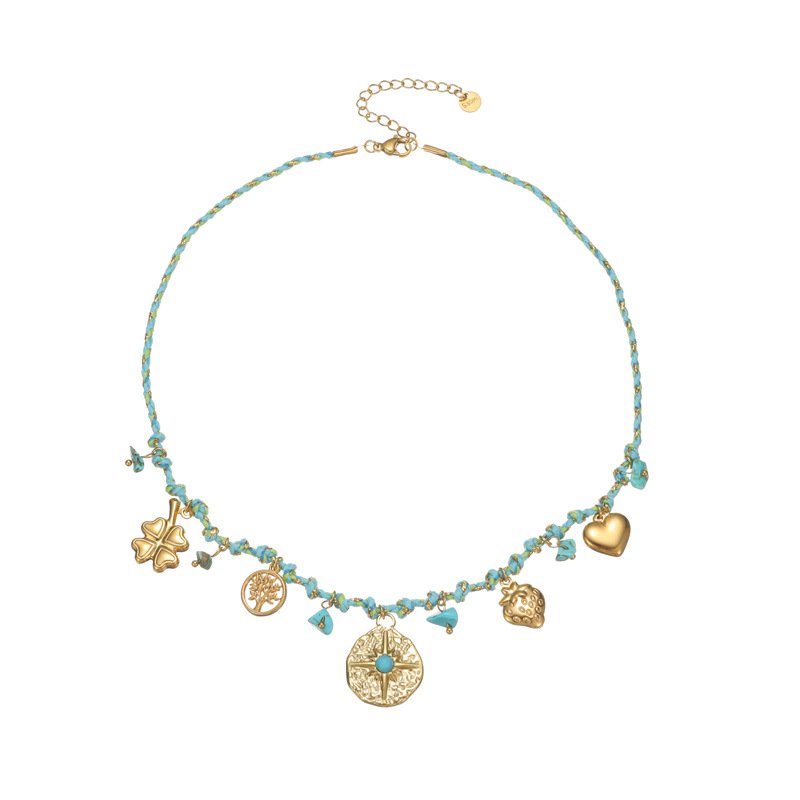 Gold Boho Turquoise Braided Charm Necklace