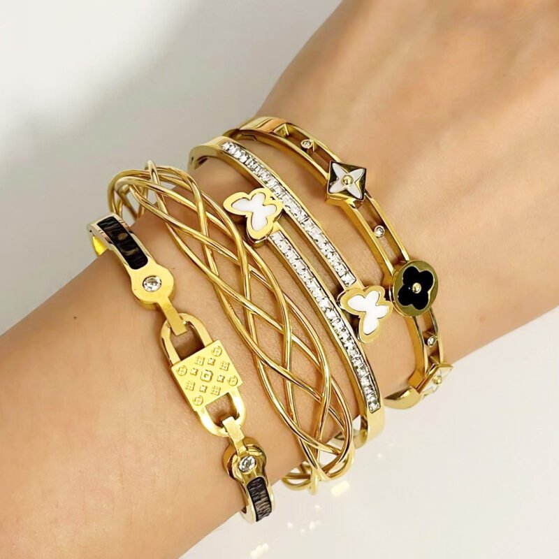 Gold Clover Bangle with Mother of Pearl Inlay Lucky Charm Bracelet
