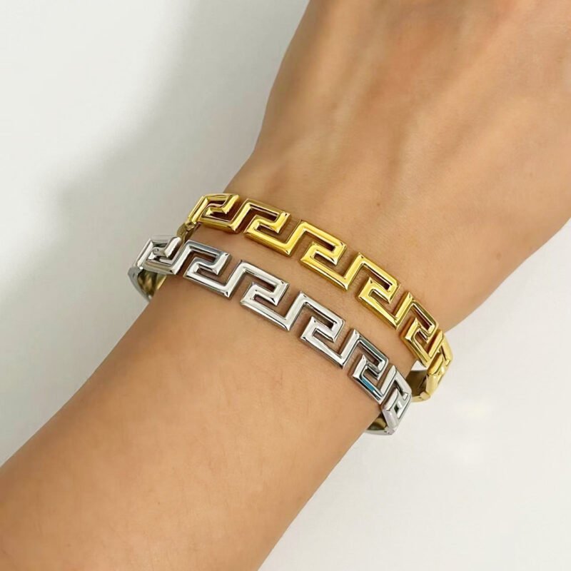Greek Key Titanium Steel Bangle Bracelet