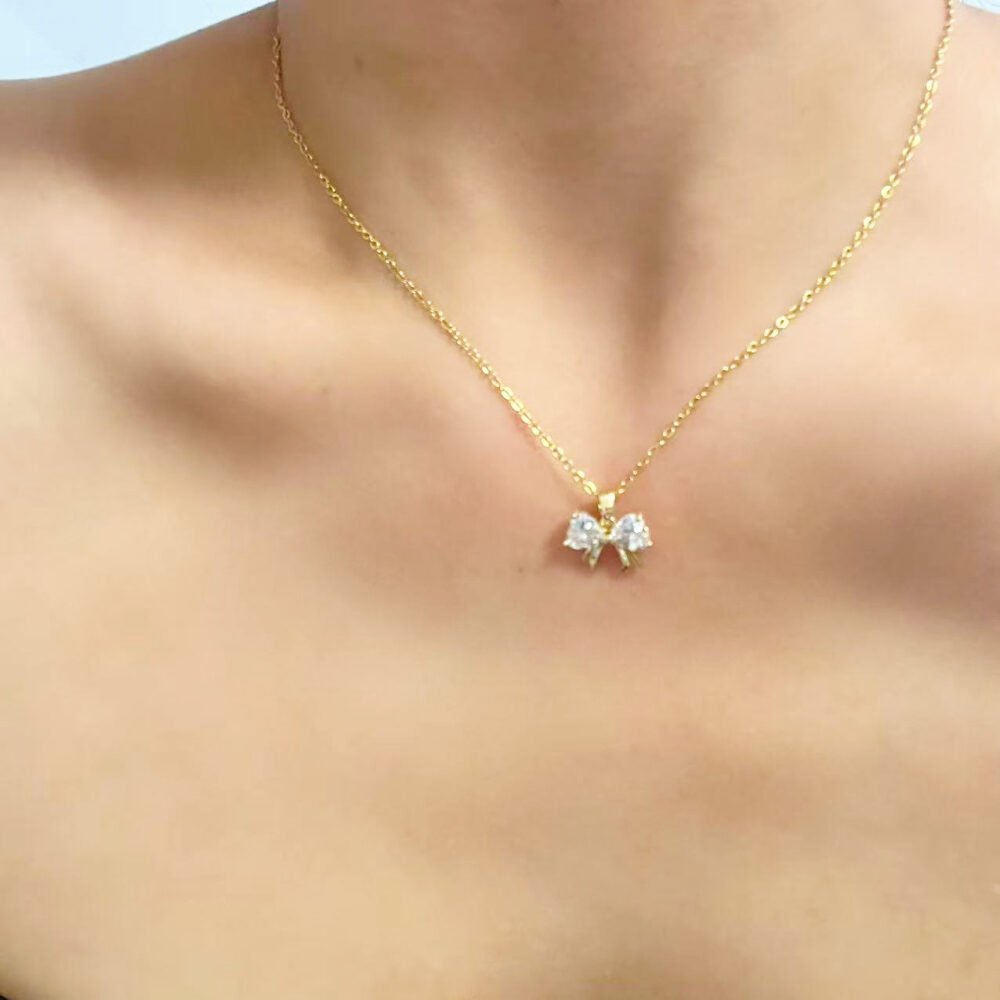 Heart Zircon Bowknot Gold Necklace - Image 2