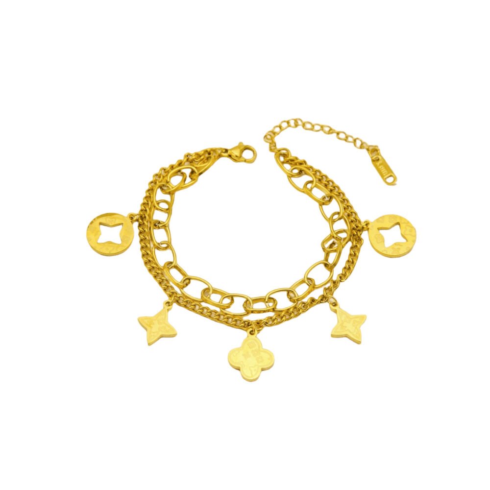 Layered Clover Charm 18K Gold Bracelet