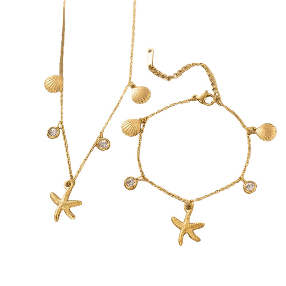 Starfish & Shell with Zircons Ocean Charm Jewelry Set