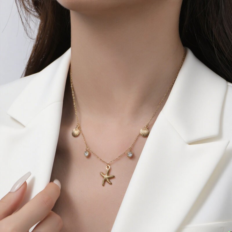 Starfish & Shell with Zircons Ocean Charm Jewelry Set