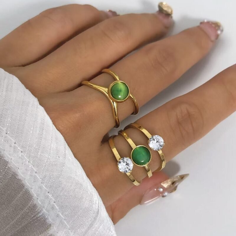 18K Gold CZ Jade Statement Triple Band Layered Ring