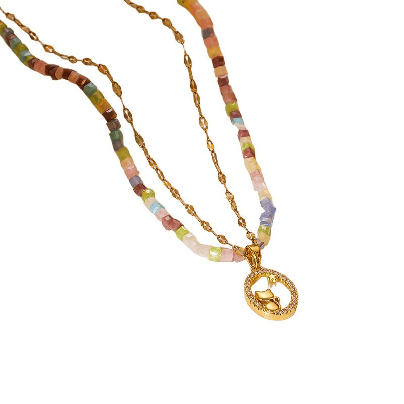 18K Gold CZ Rainbow Beads Cat & Star Layered Necklace