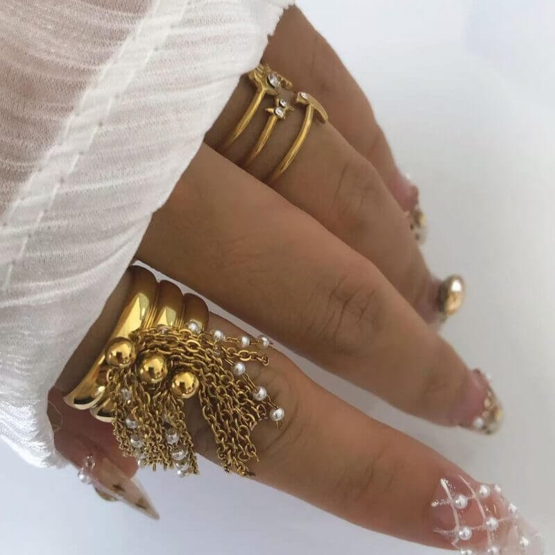 18K Gold Pearl Fringe Bold Chain Cascade Open Ring