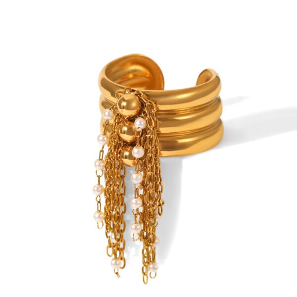 18K Gold Pearl Fringe Bold Chain Cascade Open Ring