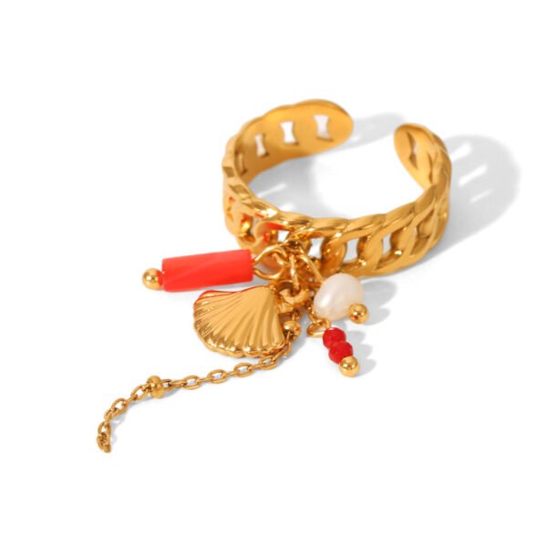 18K Gold Shell Pearl Ocean Charm Cascade Open Ring