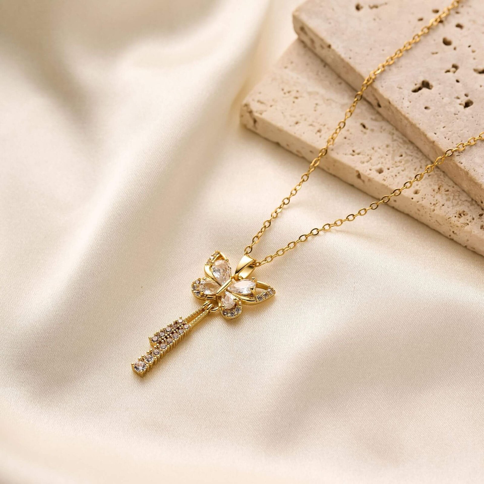 Gold Butterfly Tassel Crystal Pendant Necklace - Image 4