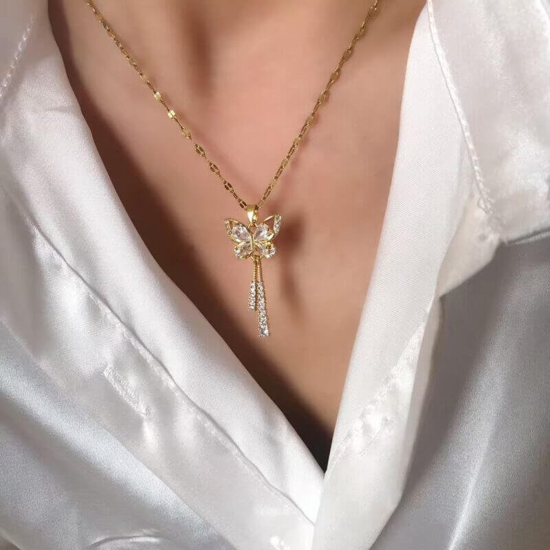 Gold Butterfly Tassel Crystal Pendant Necklace