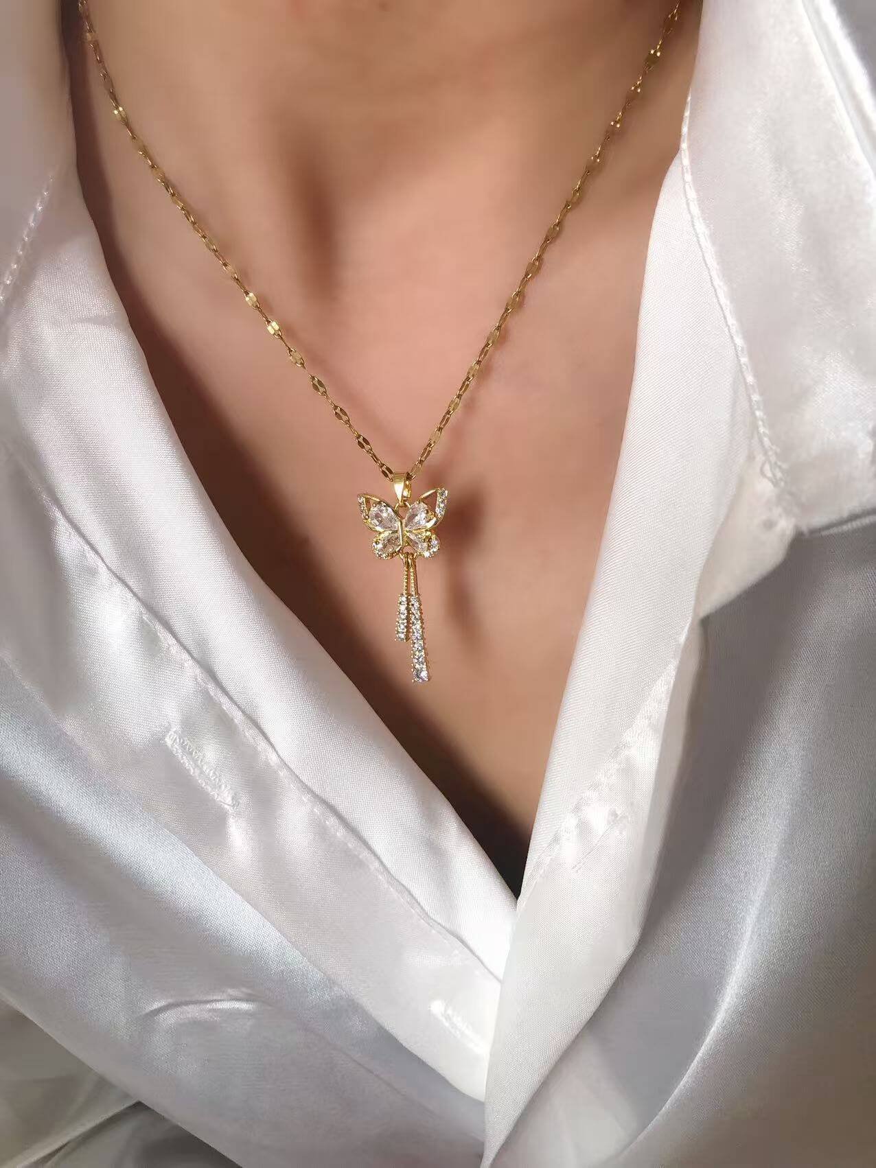 Gold Butterfly Tassel Crystal Pendant Necklace - Image 2