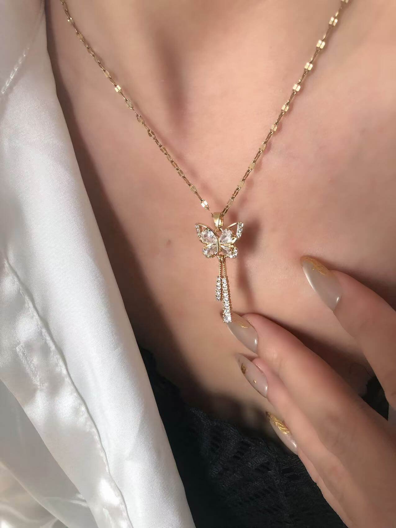 Gold Butterfly Tassel Crystal Pendant Necklace - Image 3