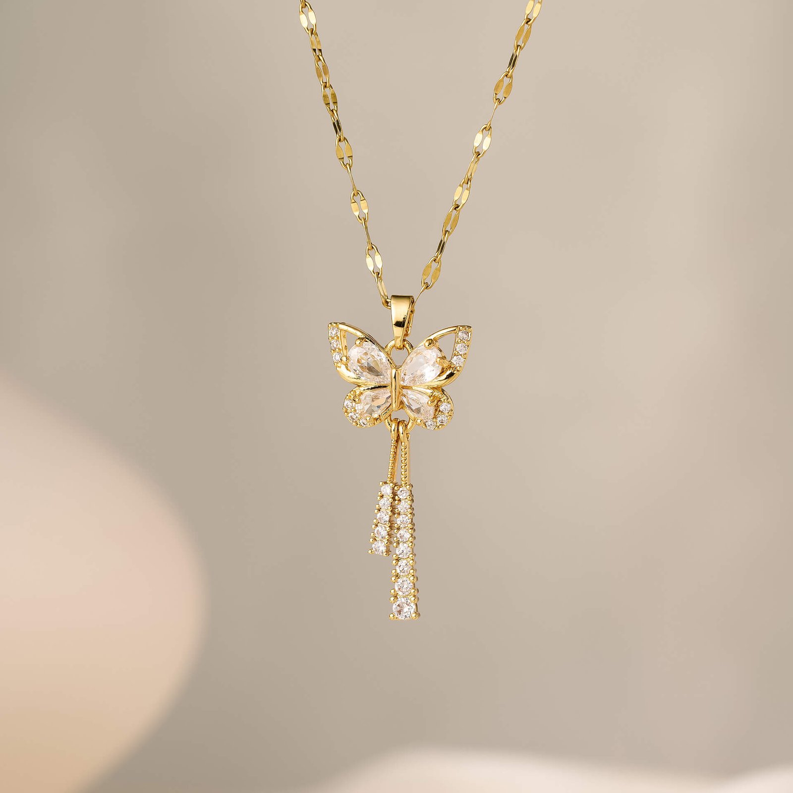 Gold Butterfly Tassel Crystal Pendant Necklace - Image 5