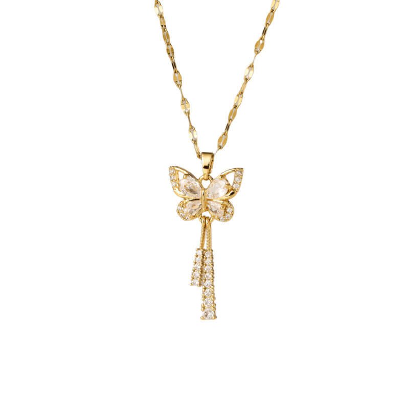 Gold Butterfly Tassel Crystal Pendant Necklace