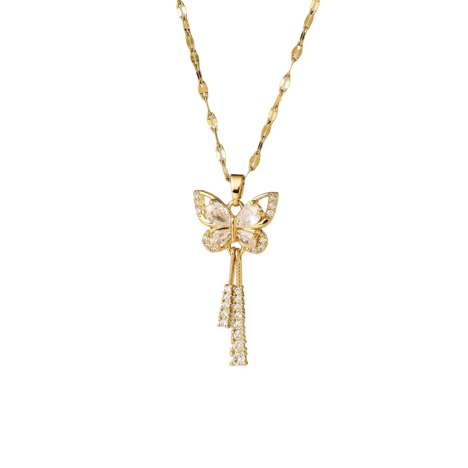 Gold Butterfly Tassel Crystal Pendant Necklace