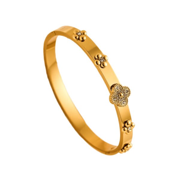 Gold Clover Charm Bangle Bracelet with Crystals