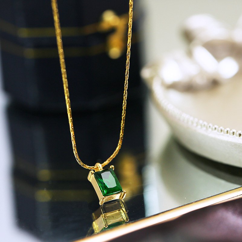 Gold Emerald Rectangle Pendant Necklace - Image 4