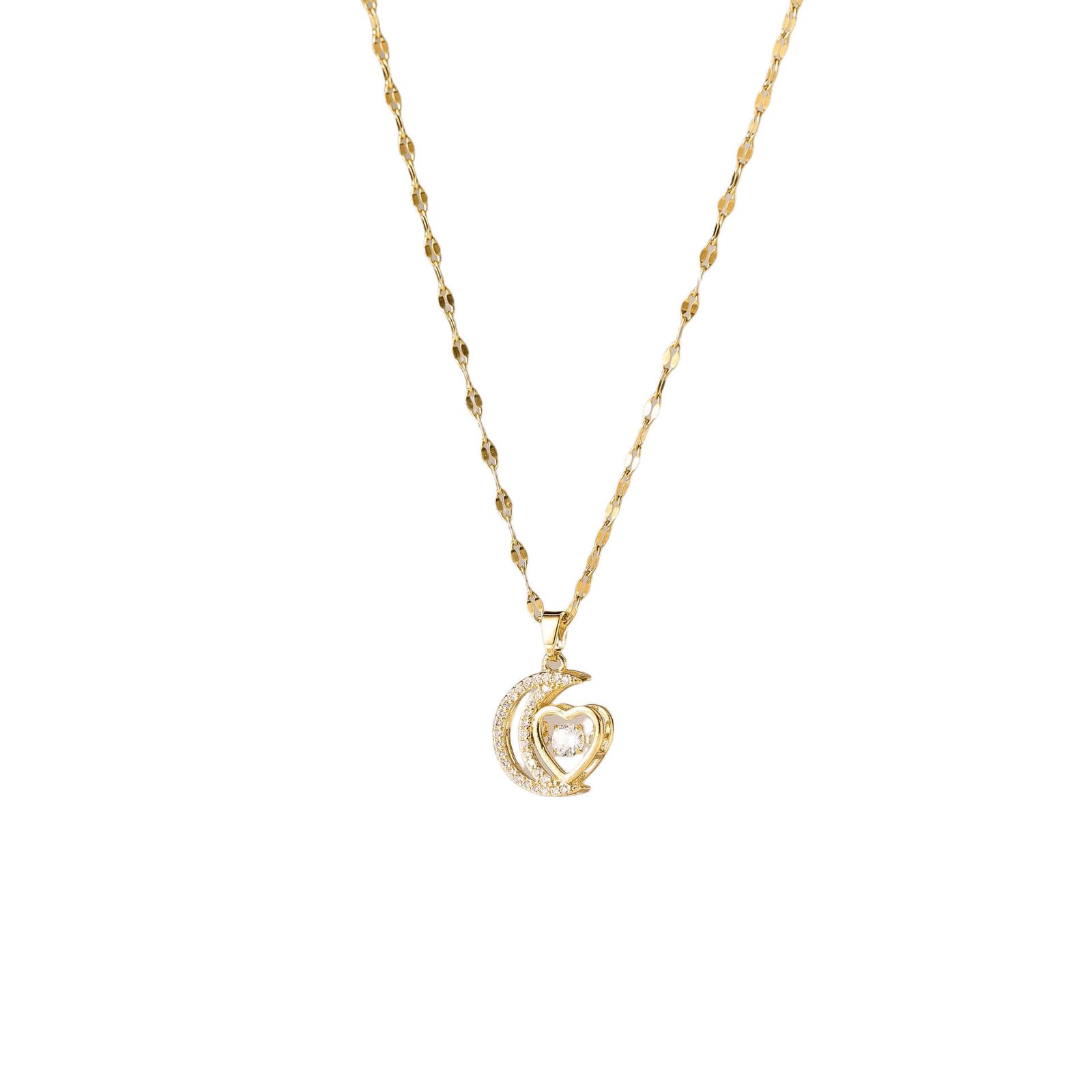 Gold Moon Heart Dancing Crystal Pendant Necklace