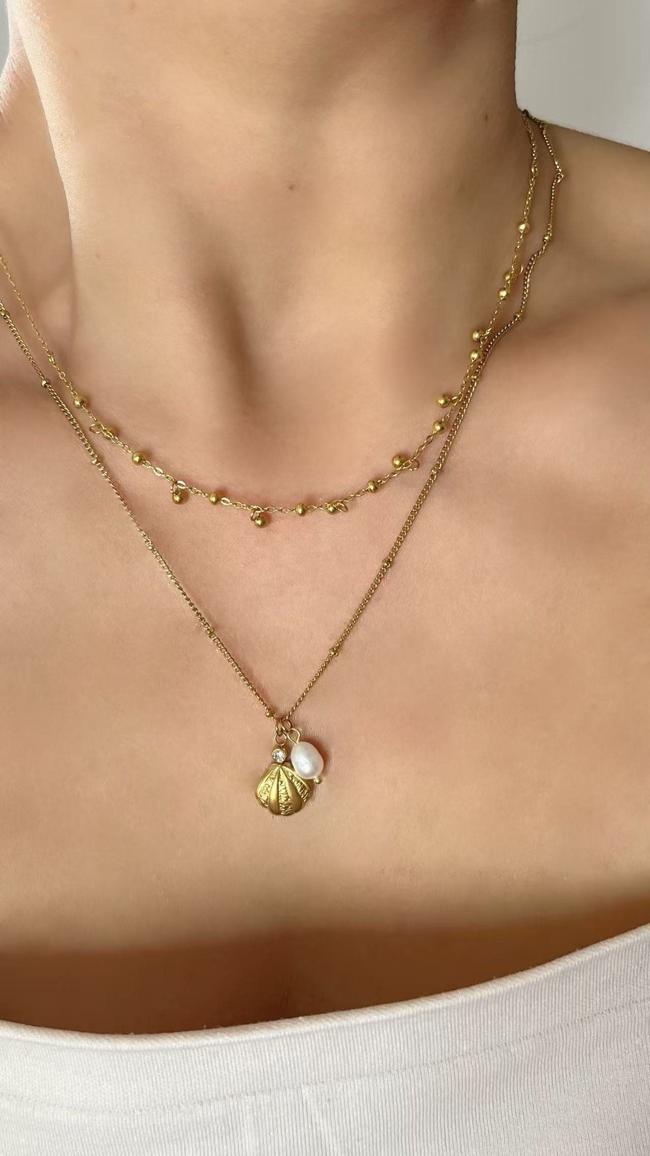 Gold Seashell Pearl Pendant Necklace - Image 2