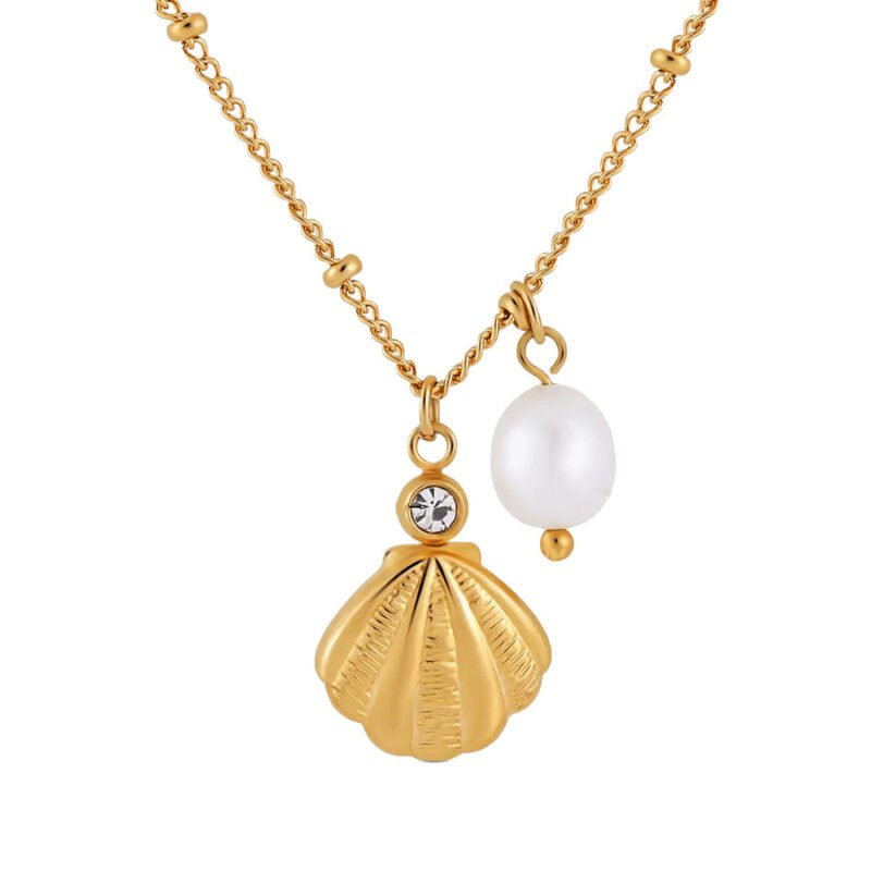 Gold Seashell Pearl Pendant Necklace