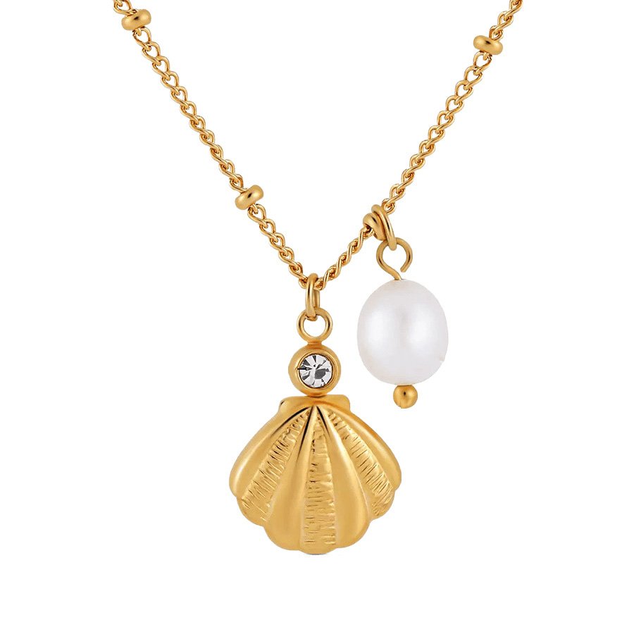 Gold Seashell Pearl Pendant Necklace