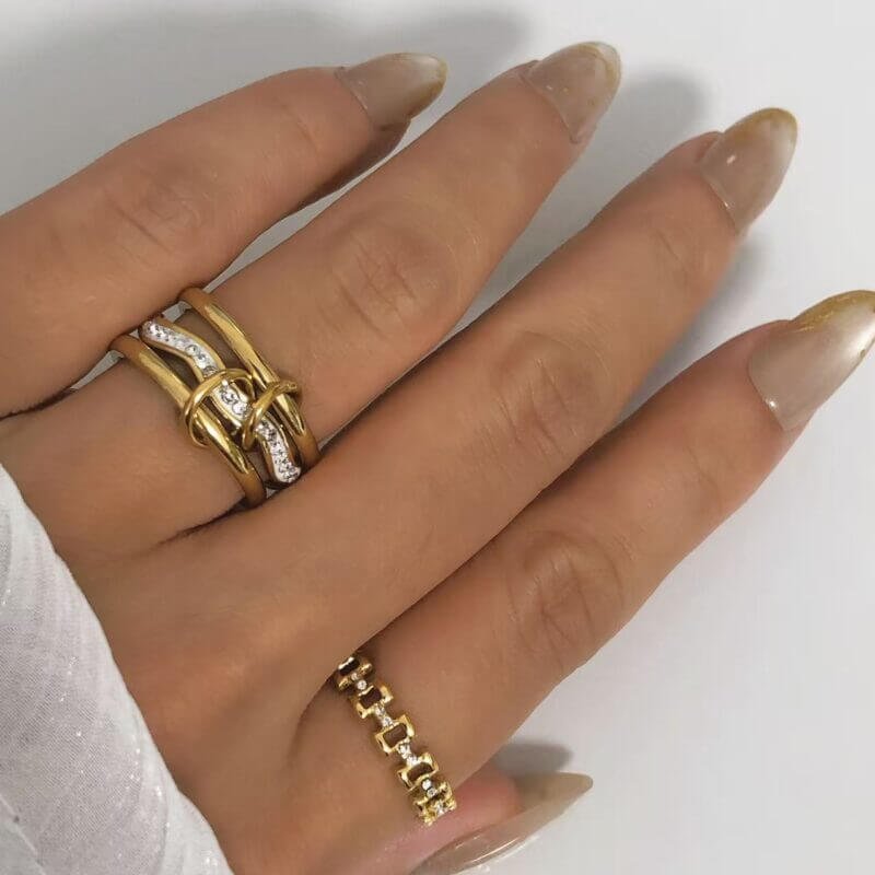 Gold Triple Band Wave Crystal Ring Set