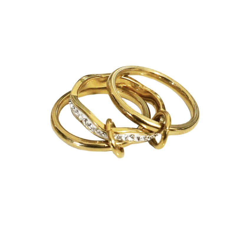 Gold Triple Band Wave Crystal Ring Set