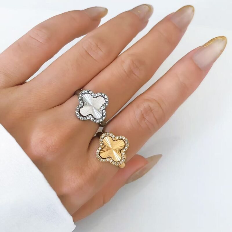 Lucky Clover Zircon Open Ring Adjustable