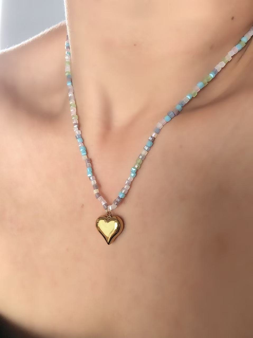 Rainbow Seed Bead Heart Necklace - Image 3