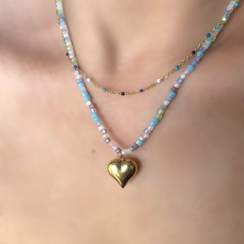 Rainbow Seed Bead Heart Necklace