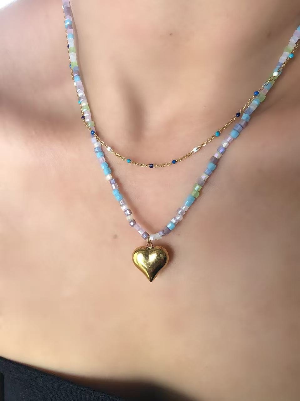 Rainbow Seed Bead Heart Necklace - Image 2